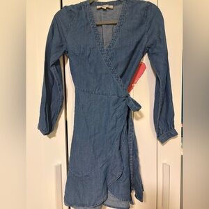 LOFT Denim-Style Long Sleeves Wrap Dress in Blue with Ruffles Hem, 00P